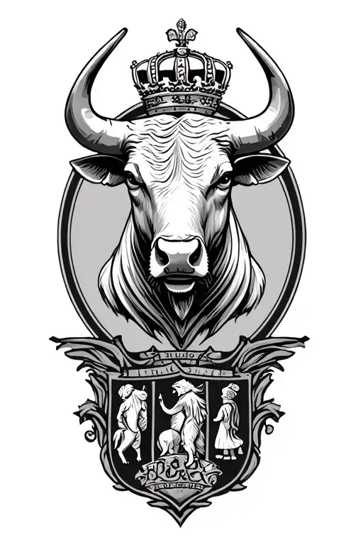 Tutus Bulls Head With A Family Crest Tattoo Design On It's Neck
