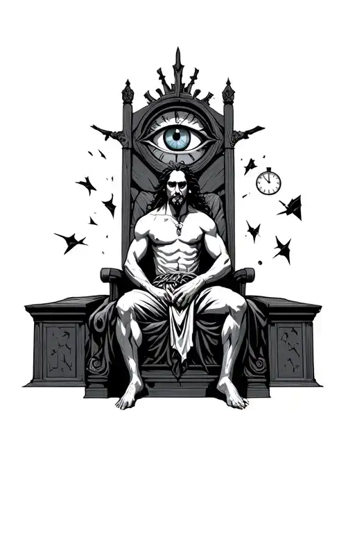 Hades Greek God Sitting On Throne With Broken Clocks And The All Seeing Eye