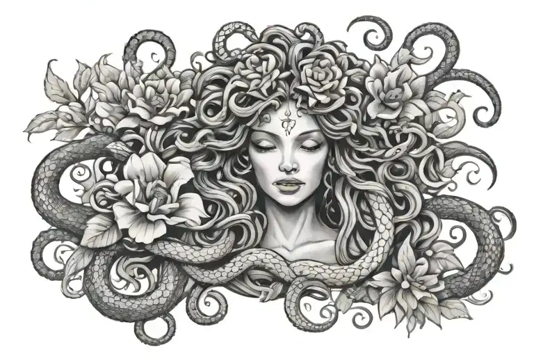 Medusa Head With Snakes And Flowers