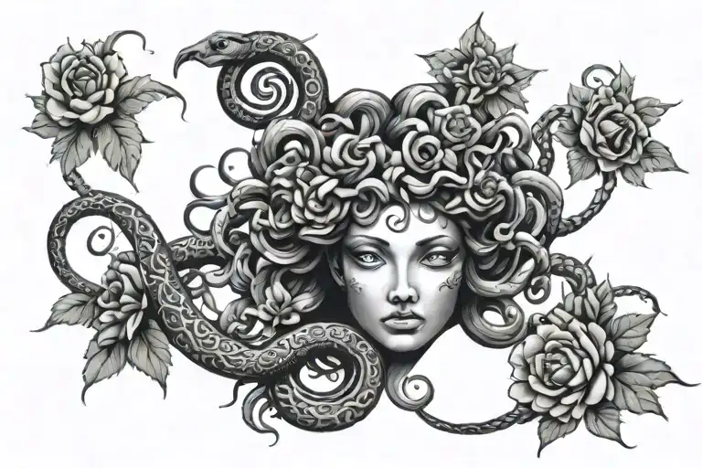 Central Medusa Head With Snakes And Flowers On Sides