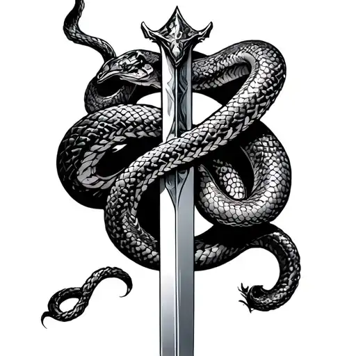 A Claymore Sword Stabbing A Snake Wrapping Around Sword