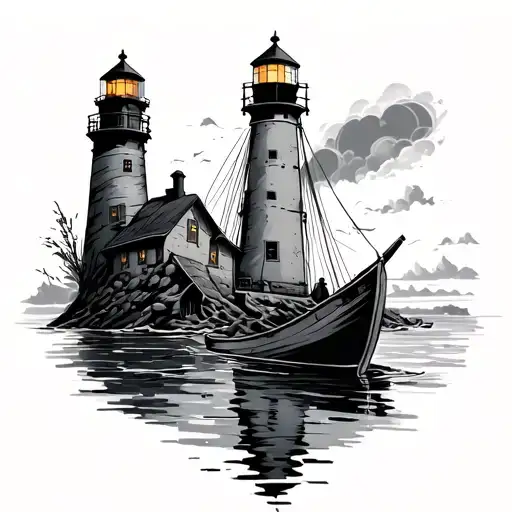 Lighthouse With Ship Sinking And Rowboat In Front