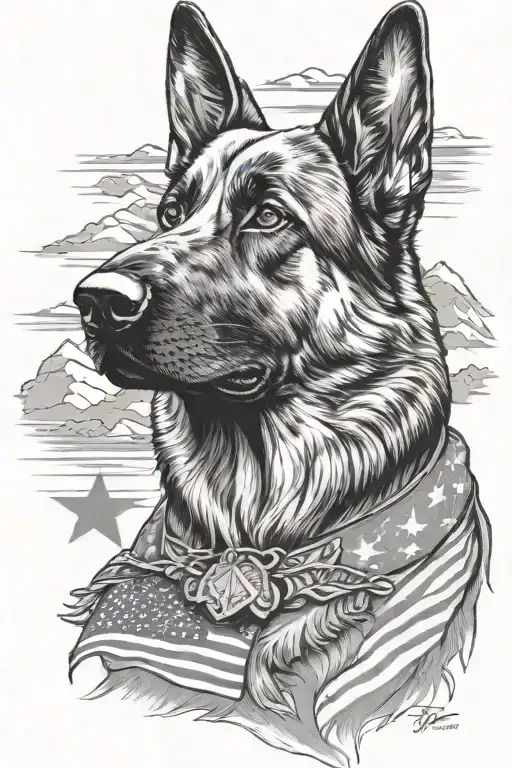 A Detailed Black And Grey Portrait Of A German Shepherd Service Dog Mountain Scene And American Flag