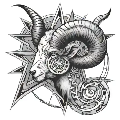 Rams Head With Pentagram In Space Surrounded