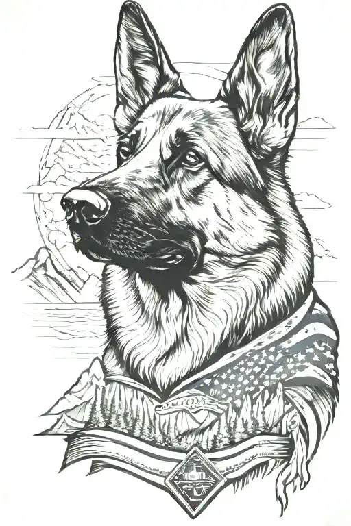 German Shepherd Portrait With Diabetes Bracelet Mountain Scene American Flag