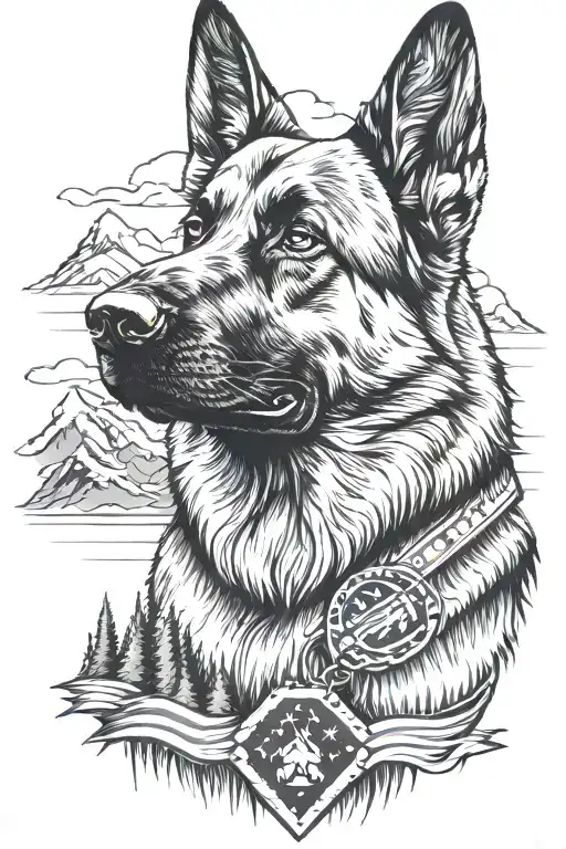 German Shepherd Portrait With Diabetes Bracelet Mountain Scene American Flag