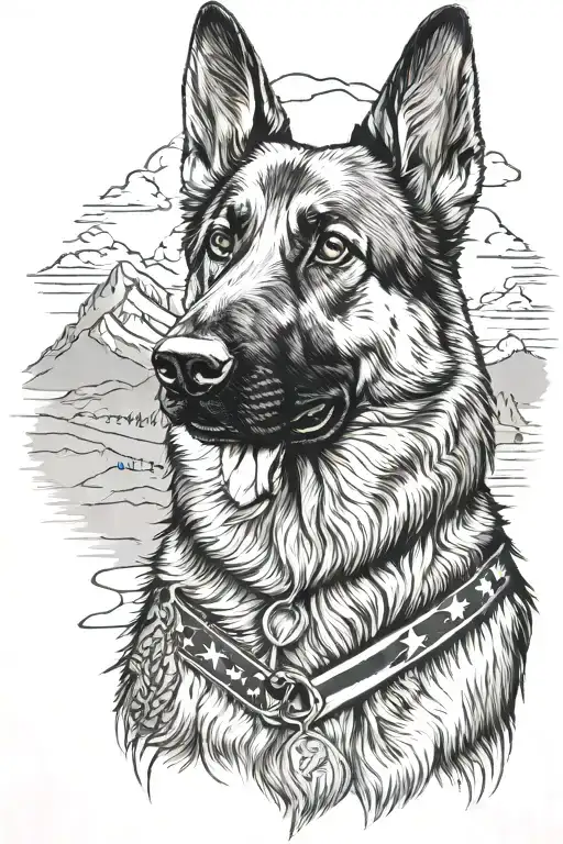 German Shepherd Portrait With Diabetes Bracelet Mountain Scene American Flag