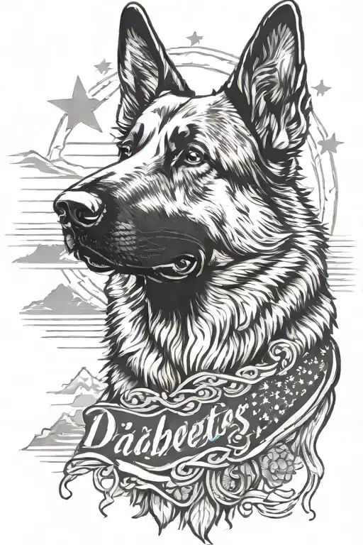 German Shepherd Portrait With Bracelet Saying Diabetes Mountain Scene American Flag
