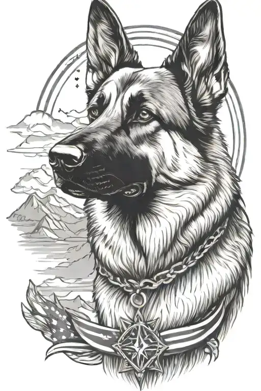 German Shepherd Portrait With Bracelet Saying Diabetes Mountain Scene American Flag