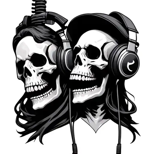 Skeleton And Ghost Wearing Headphones