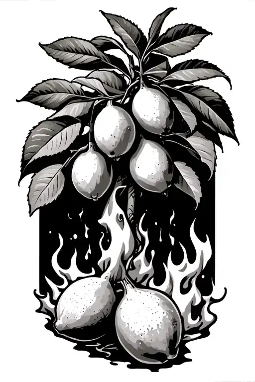 Lemon Tree With Lemons On It And A Lemon Falling Down That Is On Fire