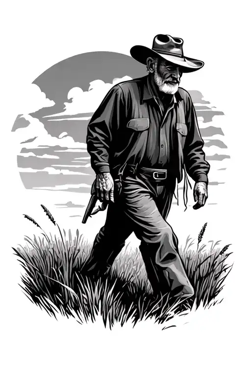 Old Farmer Walking In Field Durning Sunset