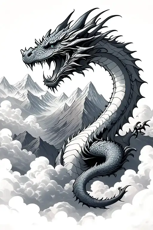 A Dragon Emerging Through The Clouds In Front Of A Mountain Range
