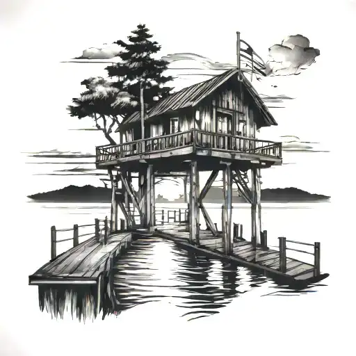 View From Cabin At Sunset With Pier Looking On Sunset