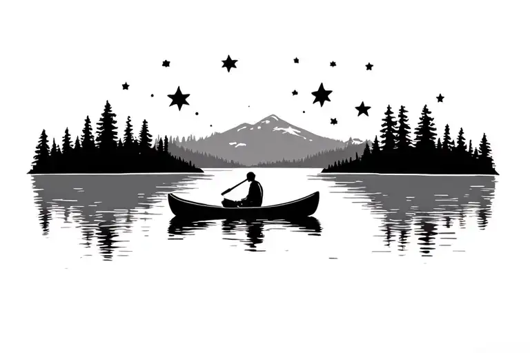 Man In Canoe On Lake Under Stars