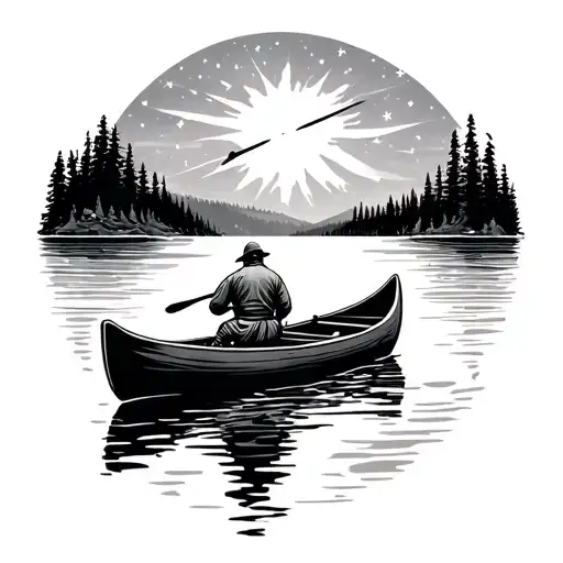 Man In Canoe On Lake Under Stars