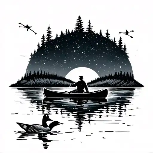 Man In Canoe On Lake Under Constellations With Loon On Water