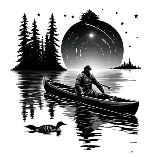 Man In Canoe On Lake Under Constellations With Loon On Water