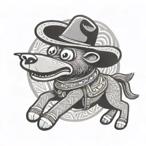 Sock Monkey Wearing A Sombrero Riding A Black Lab Like A Horse Bucking On Its Back Legs