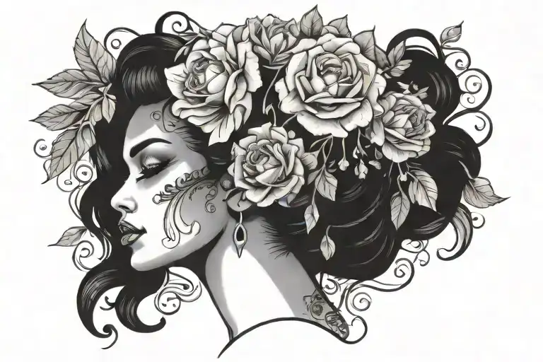 Black Queen With Flowers Around Face Surrounded