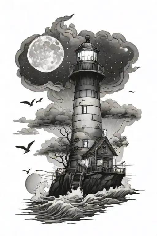 Ocean Light House Night Sky