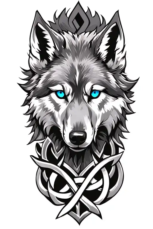 Wolf With Blue Eyes On Armor Tattoo Design Featuring Celtic Trinity Knot