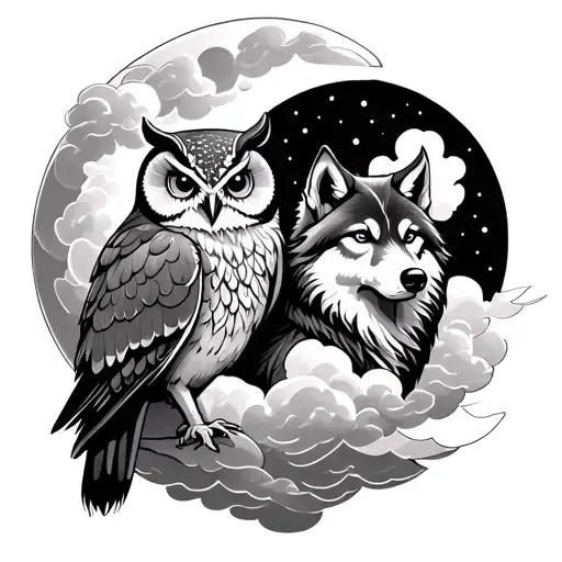 Owl And A Wolf With Moon And Clouds