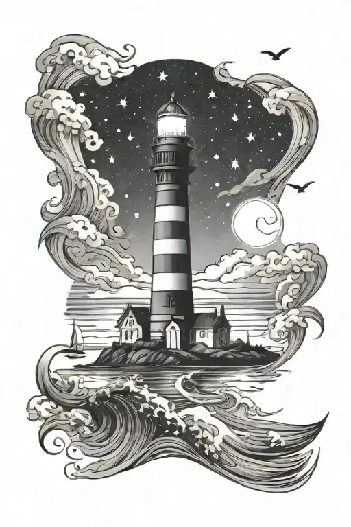 Night Sky With Stars Light House And Ocean