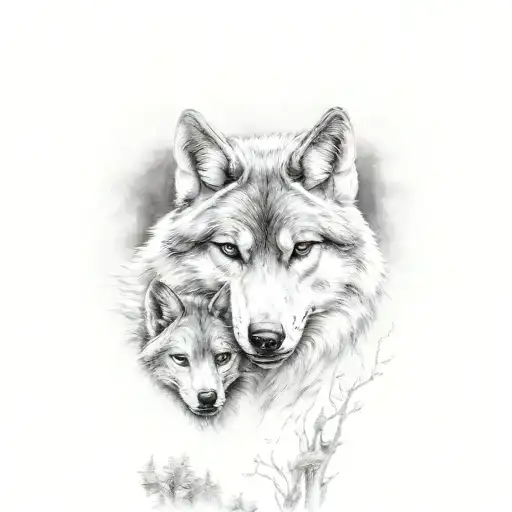 Fenrir The Wolf With His 2 Cubs