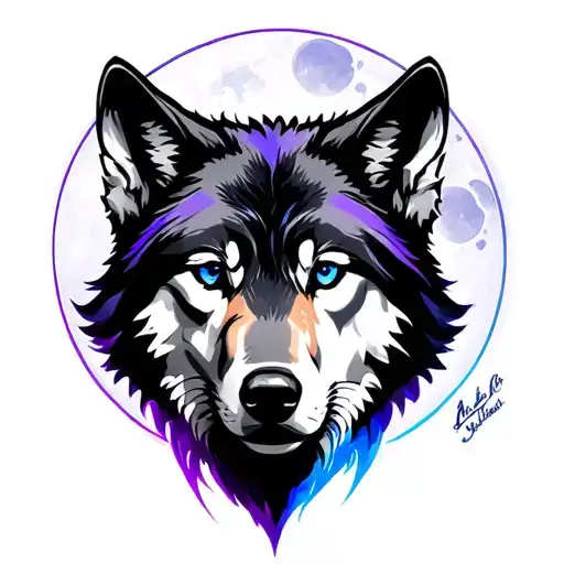 Cresent Moon In Purple And Blue With Wolf Face