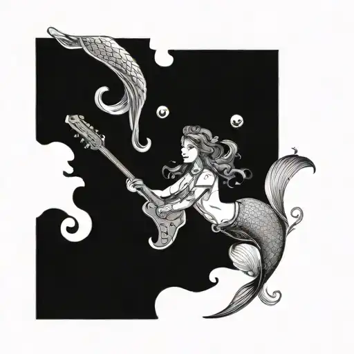Design A Black And Grey Tattoo Of A Nurse Mermaid Playing A Guitar Underwater