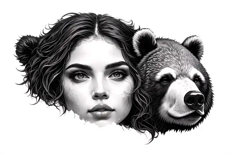 Woman Face With A Bear Head On Top Half