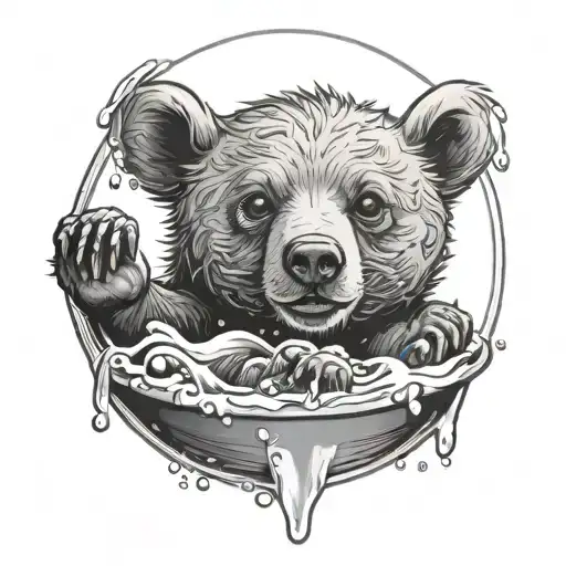 The Bear Cub Is Bathing In A Bubble Bath