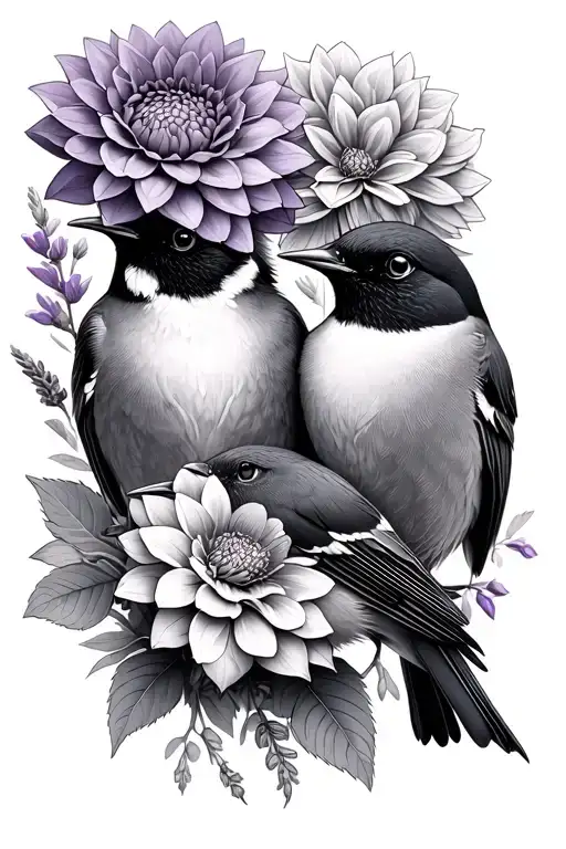 Tit And Robin With Dahlia Lavender