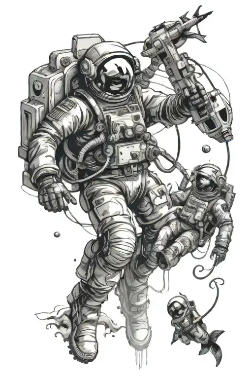 Astronaut And Deep Sea Diver Connected With A Lifeline With Space And Underwater Elements