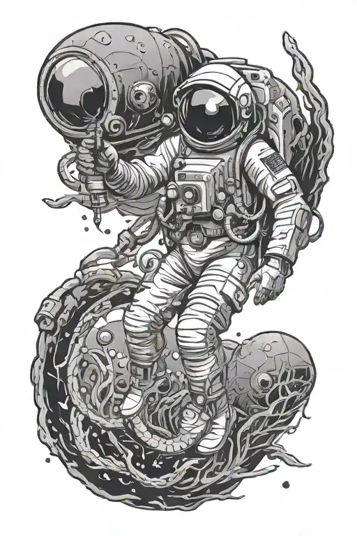Astronaut And Deep Sea Diver Connected With A Lifeline In A Space And Underwater World