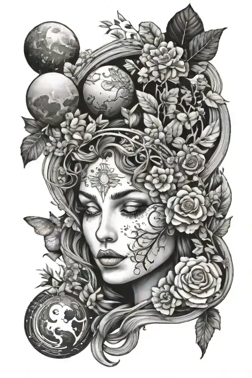 Mother Nature With Planets And Stars And Animals And Plants And Trees And Flowers
