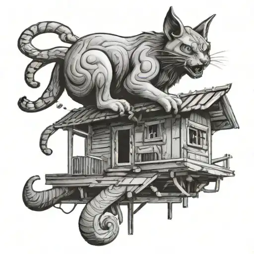 Big Demon Cat On The Roof Of A Hut With Chicken Legs