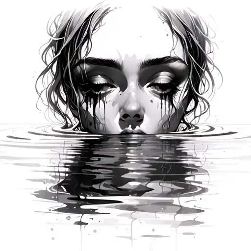 Women's Face Crying With Its Reflection In The Water