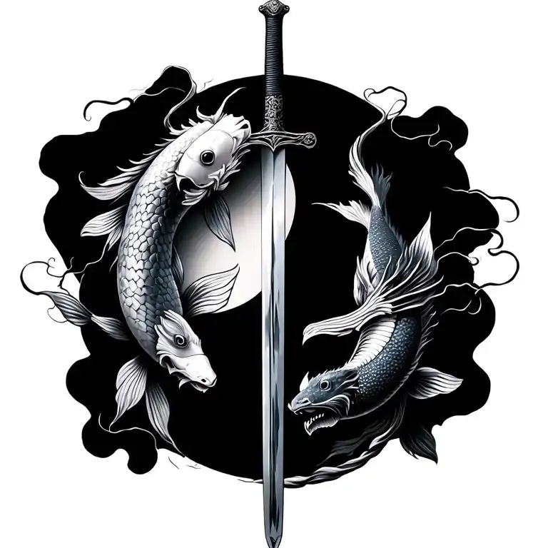 Japanese Sword Surrounded By Two Koi Fish Yin Yang And Dragon Wrapped Around The Sword