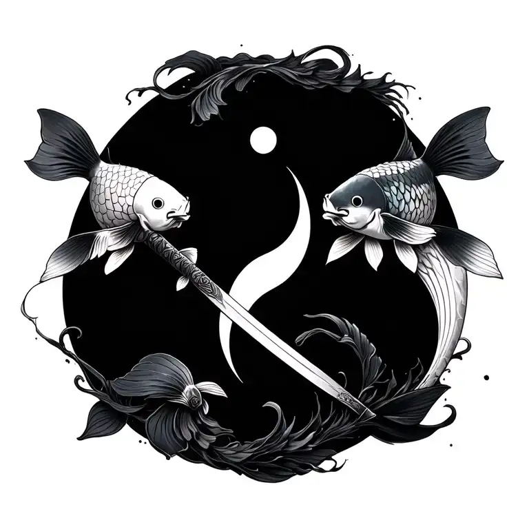 Japanese Sword Surrounded By Two Koi Fish Yin Yang
