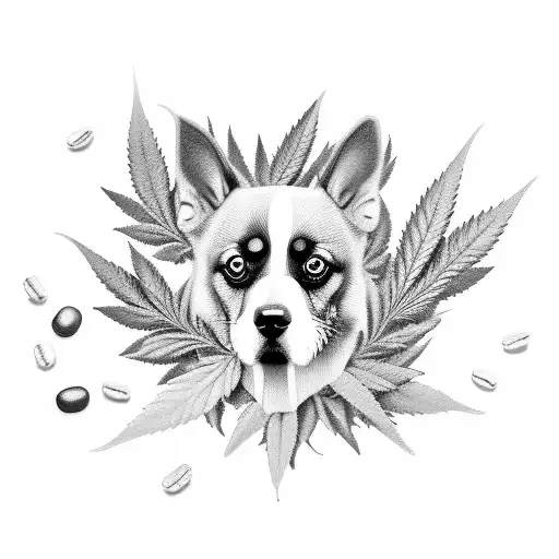 A Dog Surrounded By Coffee Beans And Cannabis Leaves