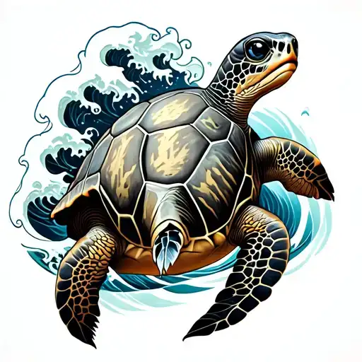 Sea Turtle With Steam Punk And Japanese Wave As Well As Realistic