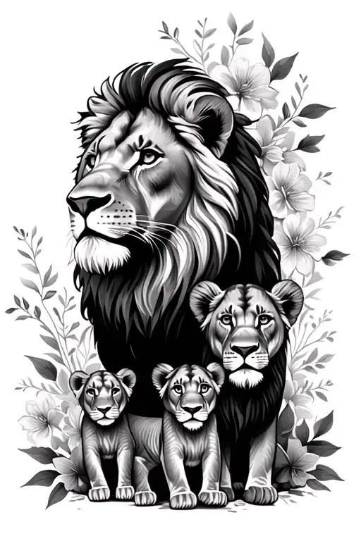 Lion And Lioness With Three Cubs With Floral Around Them