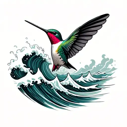 Ruby Throated Hummingbird Flying Out Of Ocean Wave
