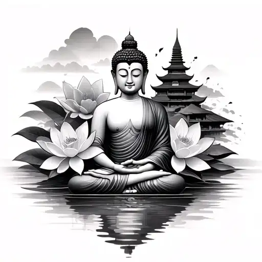 Buddha With Lotus Flowers And Temple Realistic Black And Grey Tattoo Design For A Female Clinet