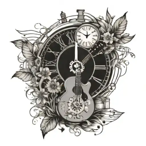 Blowing Dandelion With Clock And Musical Notes With Small Leaves And A Guitar