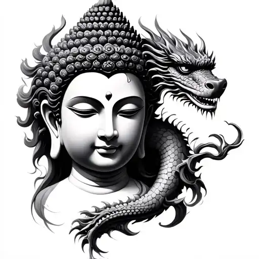 Buddha With Dragon Realistic Black And Grey Tattoo Design For A Female Clinet
