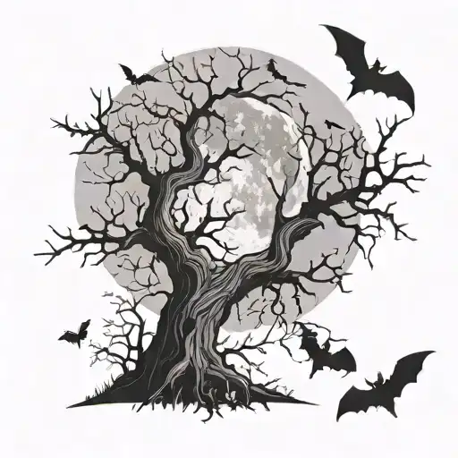Dead Tree With Bats And Moon At The Top