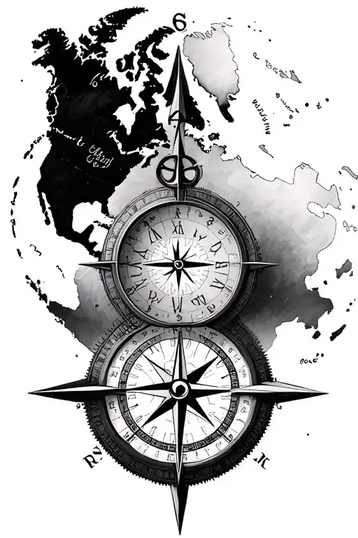 World Map Clock Face Compass Rose